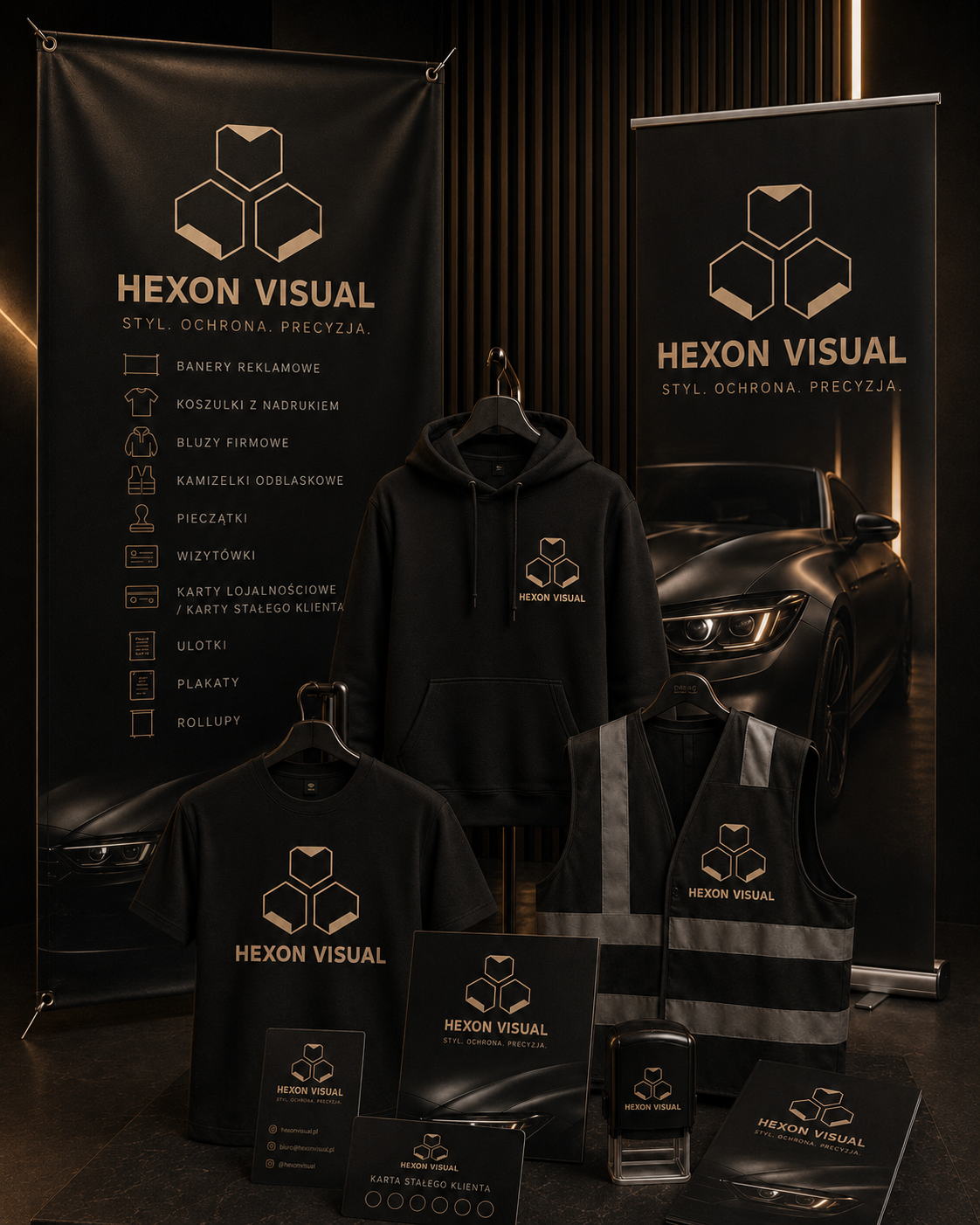Oferta reklamowa Hexon Visual: banery, odzież firmowa, wizytówki, pieczątki i rollupy